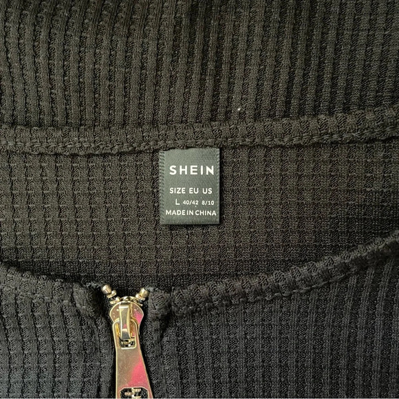 Shein Lune Black Gold Hardware Half Zip Flap Pocket Waffle Knit Top Large Women - Picture 6 of 9